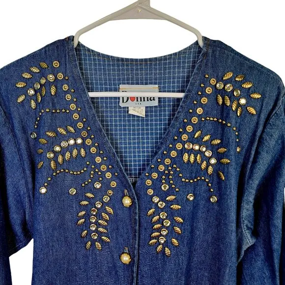 Vintage 90s Denim Midi Dress Women Medium Teacher Embellished Rhinestone 8 10 M