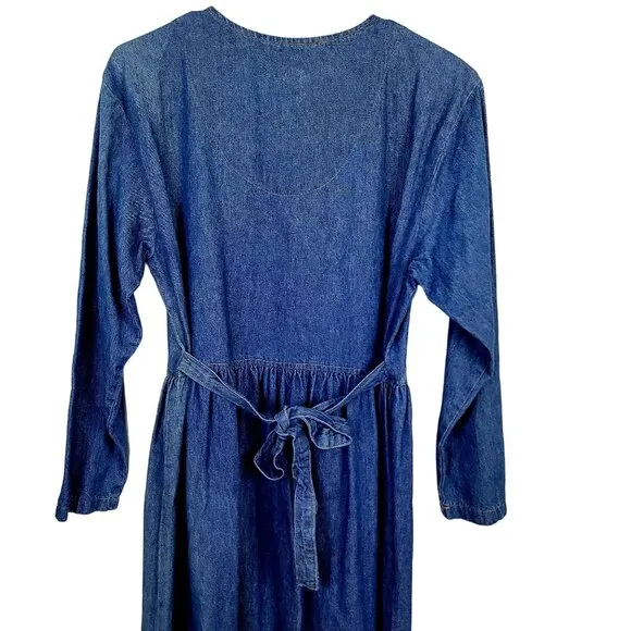 Vintage 90s Denim Midi Dress Women Medium Teacher Embellished Rhinestone 8 10 M