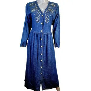 Vintage 90s Denim Midi Dress Women Medium Teacher Embellished Rhinestone 8 10 M
