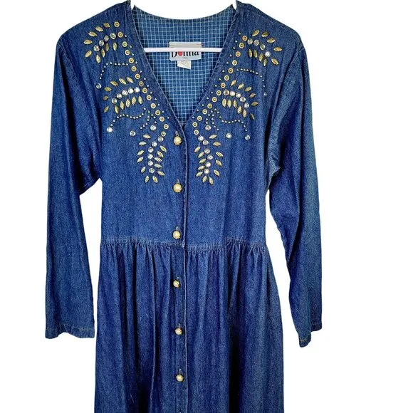 Vintage 90s Denim Midi Dress Women Medium Teacher Embellished Rhinestone 8 10 M