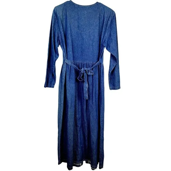 Vintage 90s Denim Midi Dress Women Medium Teacher Embellished Rhinestone 8 10 M