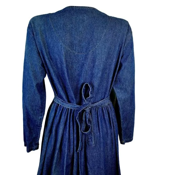 Vintage 90s Denim Midi Dress Women Medium Teacher Embellished Rhinestone 8 10 M