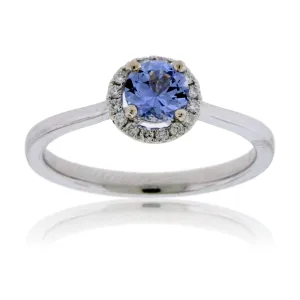 White Gold Round Sapphire Center with Diamond Halo Ring