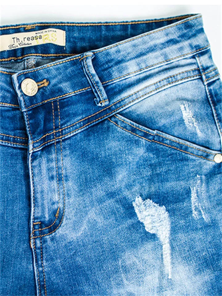 Women's Campus Style Slim Fit Ripped Denim Jeans for Summer Autumn