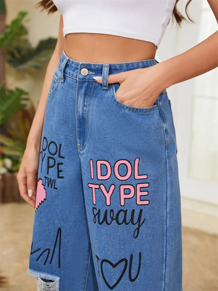 Women's Pink Heart Letter Graffiti Street Light Blue Jeans