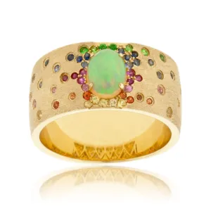 Yellow Gold Satin Finish Flush Set Rainbow Sapphire & Opal Cabochon Ring