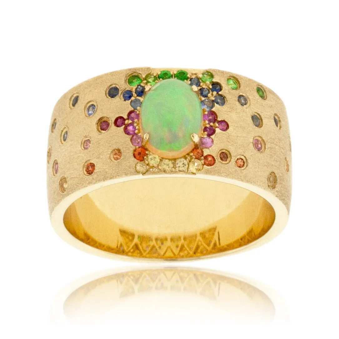 Yellow Gold Satin Finish Flush Set Rainbow Sapphire & Opal Cabochon Ring