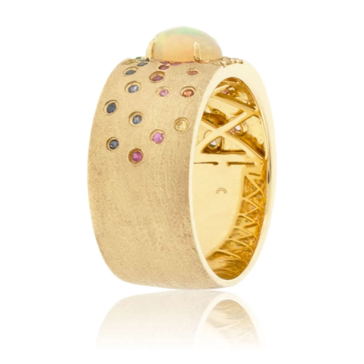 Yellow Gold Satin Finish Flush Set Rainbow Sapphire & Opal Cabochon Ring