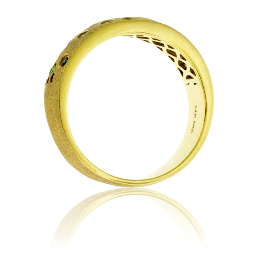 Yellow Gold Satin Finish Flush Set Sapphire & Tsavorite Ring