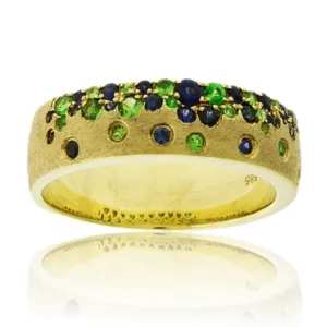 Yellow Gold Satin Finish Flush Set Sapphire & Tsavorite Ring