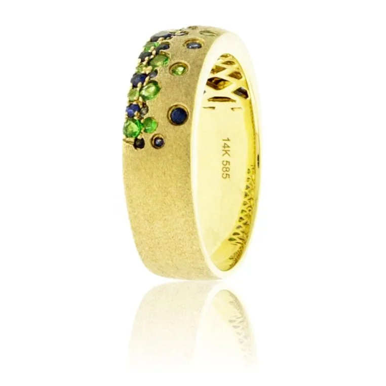 Yellow Gold Satin Finish Flush Set Sapphire & Tsavorite Ring