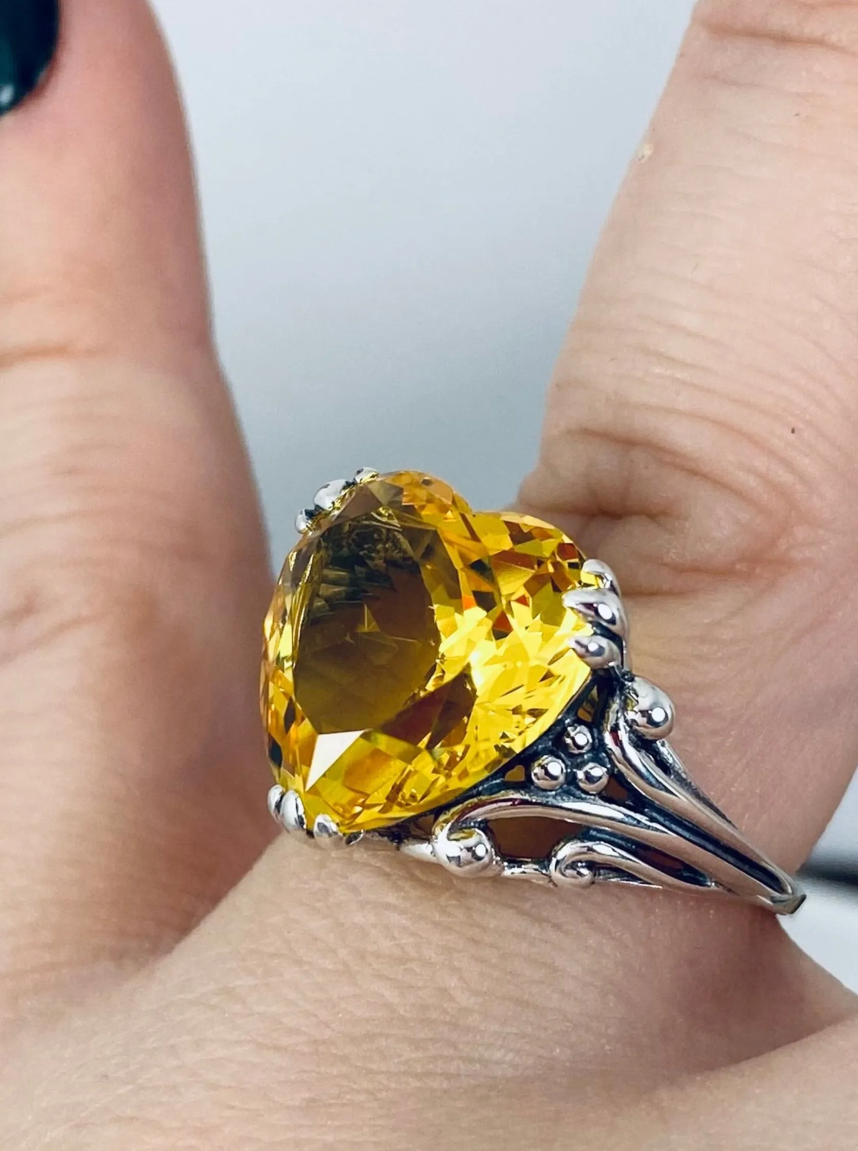 Yellow Heart Size 9 Ring, Citrine Gem, Art Deco Jewelry #D213 - Ready To Ship