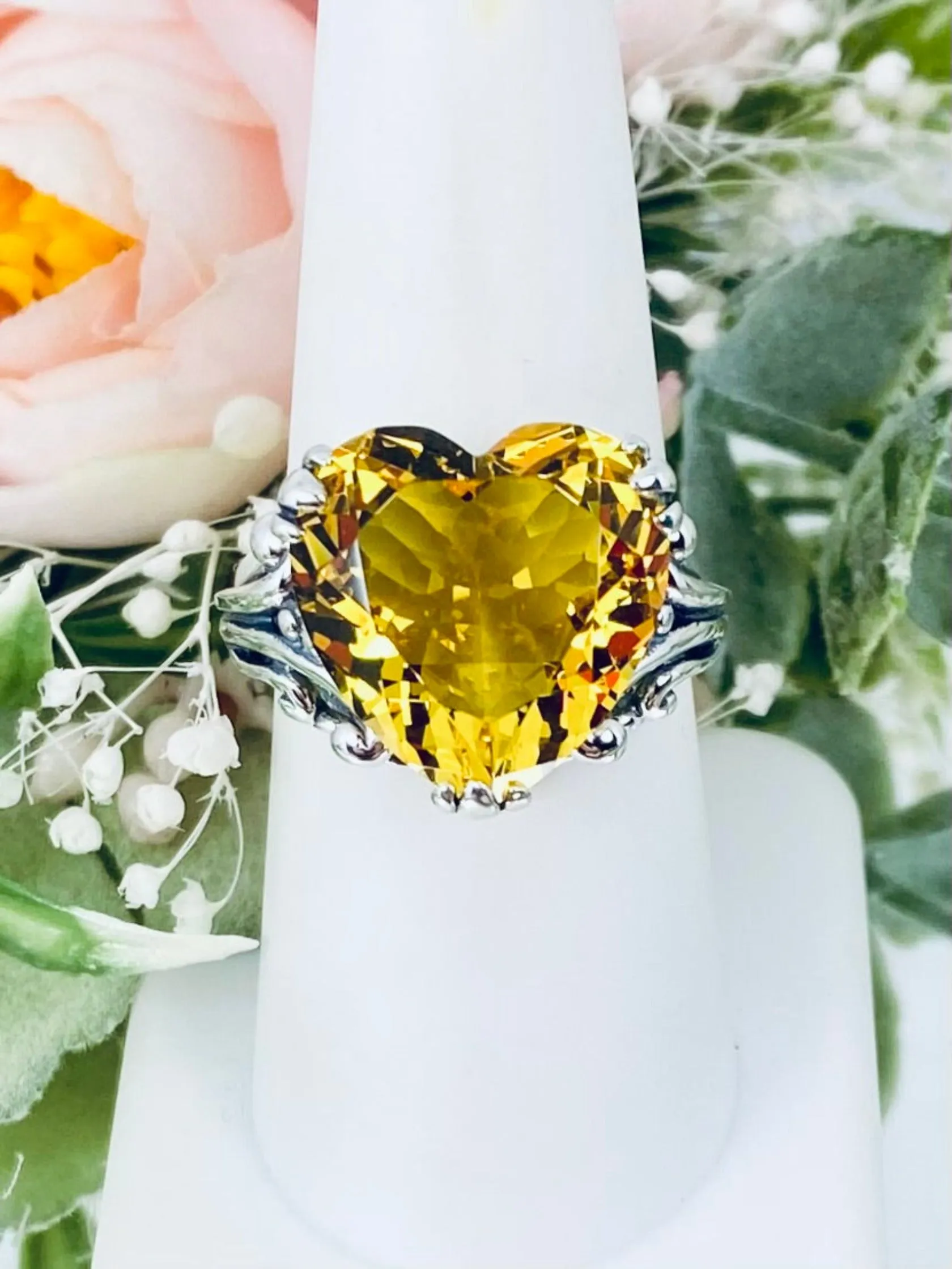 Yellow Heart Size 9 Ring, Citrine Gem, Art Deco Jewelry #D213 - Ready To Ship