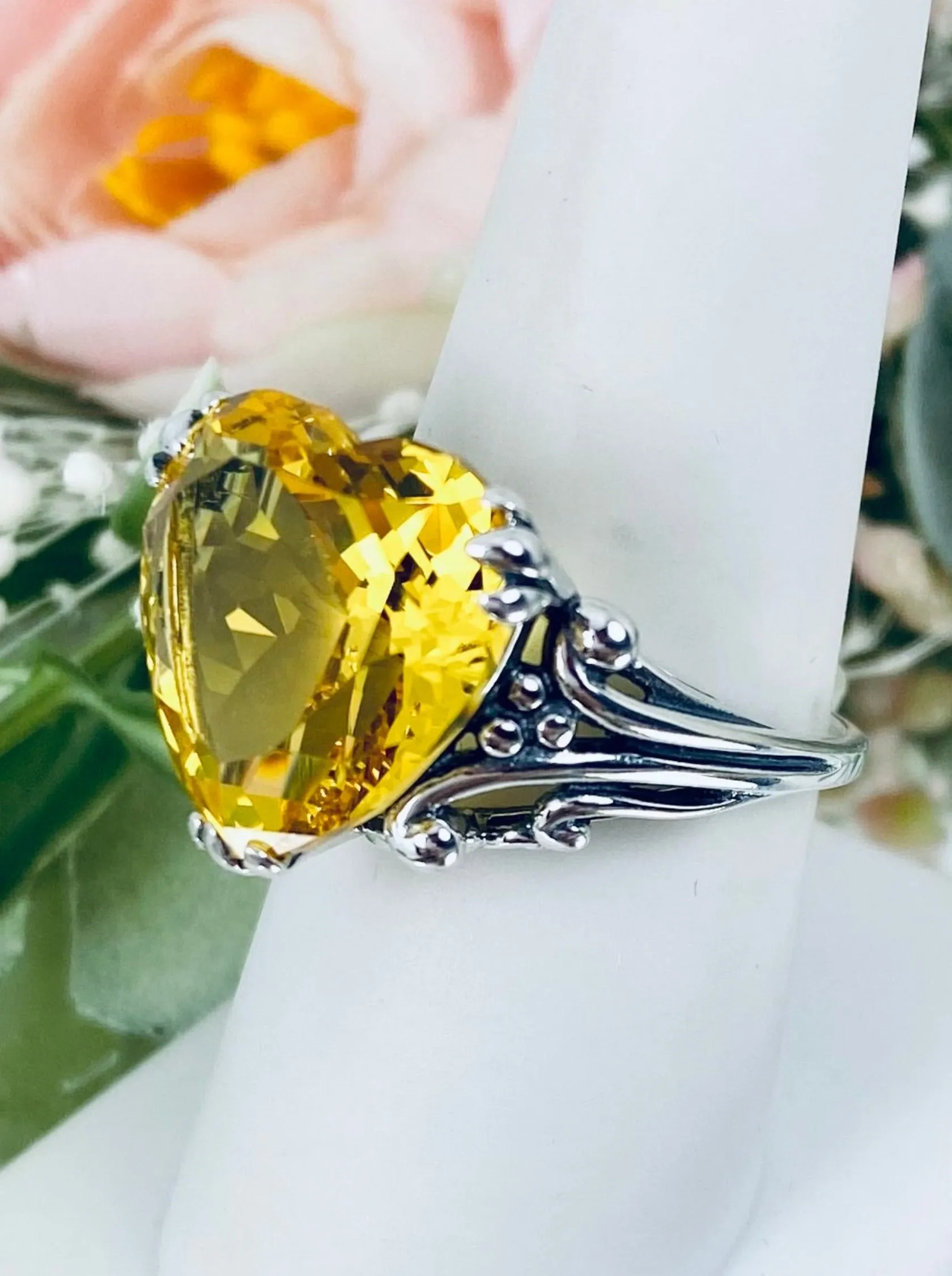 Yellow Heart Size 9 Ring, Citrine Gem, Art Deco Jewelry #D213 - Ready To Ship