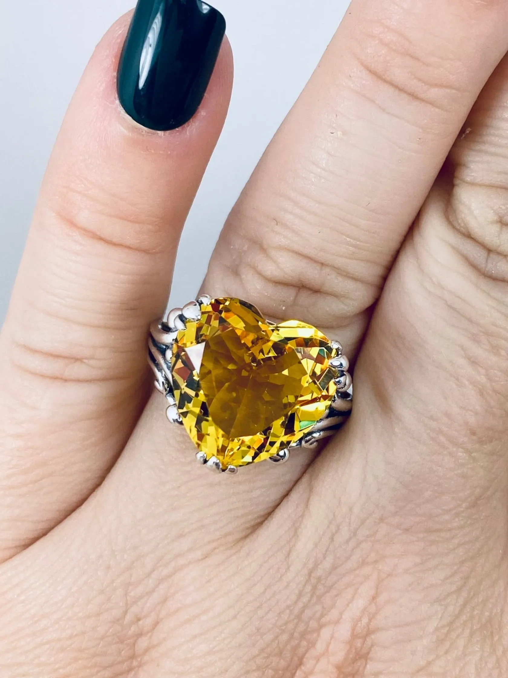 Yellow Heart Size 9 Ring, Citrine Gem, Art Deco Jewelry #D213 - Ready To Ship