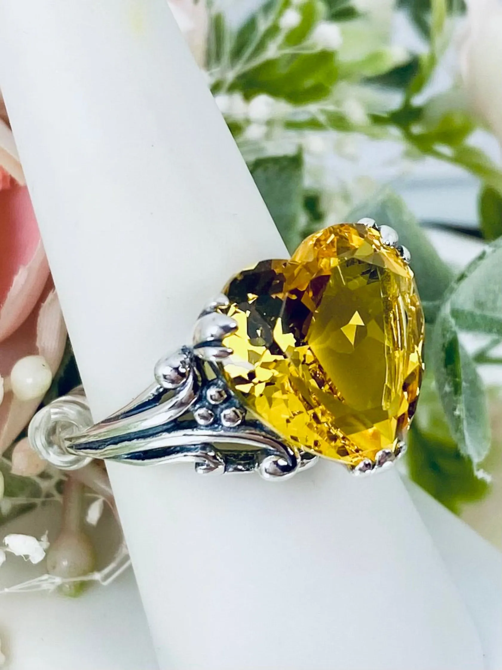 Yellow Heart Size 9 Ring, Citrine Gem, Art Deco Jewelry #D213 - Ready To Ship